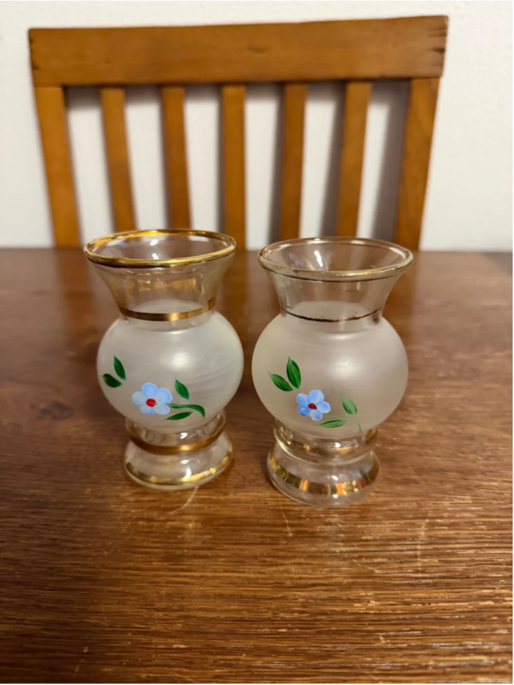 Vintage Pair Frosted Satin Glass Bud Vases Hand Painted Blue Floral Gold Gilt Tr